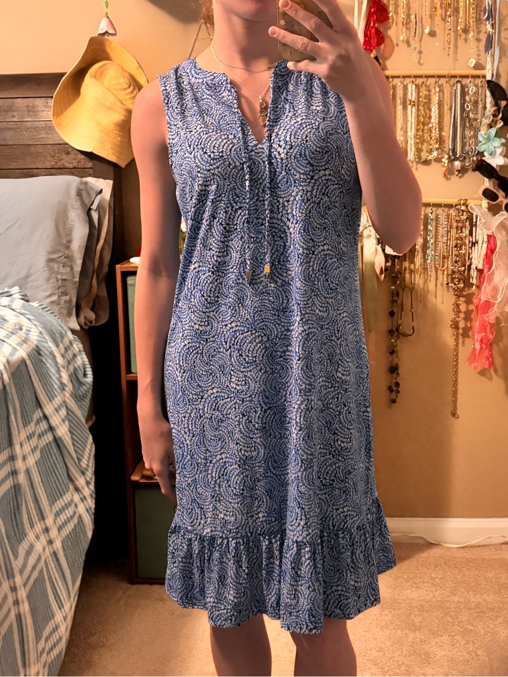 Blue and white pattern tank ruffle-hem Michael Kors dress with gold details